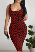 Red Sexy Leopard Print Patchwork U Neck Wrapped Skirt Dresses