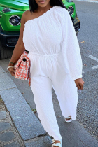 White Casual Solid Color Ruched Patchwork Oblique Collar Loose Jumpsuits