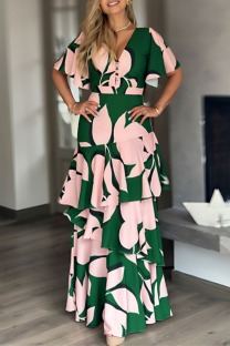 Multicolor Casual Irregular Printed Patchwork V Neck Long Dresses