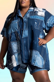 Blue Casual Print Patchwork Turndown Collar Plus Size Two Pieces