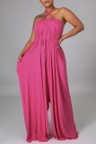 Rose Red Casual Solid Color Lace Up Backless Spaghetti Strap Loose Jumpsuits
