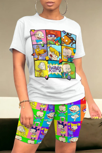 Colour Casual Daily Cartoon Print O Neck Short Sleeve Two Pieces