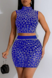 Black Sexy See-Through Hot Drill Patchwork Half A Turtleneck Sleeveless Two Pieces