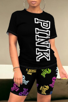 Black Casual Letter Print Contrast O Neck Short Sleeve Two Pieces