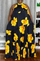 Black Yellow Casual Print Patchwork Turtleneck Long Plus Size Dresses