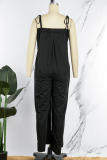 Rose Red Casual Solid Color Lace Up Backless Spaghetti Strap Loose Jumpsuits