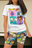 Fluorescent Green Casual Daily Cartoon Print O Neck Short Sleeve Two Pieces