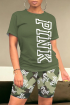Army Green Casual Letter Print Contrast O Neck Short Sleeve Two Pieces