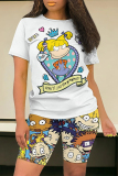 Fluorescent Green Casual Daily Cartoon Print O Neck Short Sleeve Two Pieces