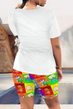 Fluorescent Green Casual Daily Cartoon Print O Neck Short Sleeve Two Pieces