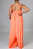 Rose Red Casual Solid Color Lace Up Backless Spaghetti Strap Loose Jumpsuits