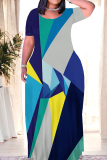 Blue Gray Casual Geometric Print Patchwork O Neck Straight Dresses