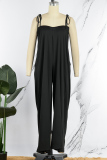 Rose Red Casual Solid Color Lace Up Backless Spaghetti Strap Loose Jumpsuits