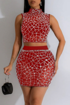 Red Sexy See-Through Hot Drill Patchwork Half A Turtleneck Sleeveless Two Pieces