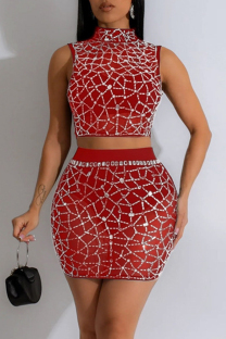Red Sexy See-Through Hot Drill Patchwork Half A Turtleneck Sleeveless Two Pieces