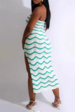Green Celebrities Stripe Hollow Out Backless High Slit Patchwork Strapless Sleeveless Two Pieces