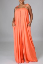 Orange Casual Solid Color Lace Up Backless Spaghetti Strap Loose Jumpsuits