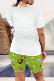 Fluorescent Green Casual Daily Cartoon Print O Neck Short Sleeve Two Pieces