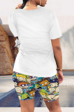 Fluorescent Green Casual Daily Cartoon Print O Neck Short Sleeve Two Pieces