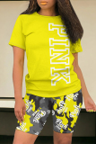 Yellow Casual Letter Print Contrast O Neck Short Sleeve Two Pieces