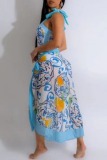 Blue Sexy Print Lace Up Backless Swimwears (With Paddings)