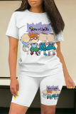 Fluorescent Green Casual Daily Cartoon Print O Neck Short Sleeve Two Pieces
