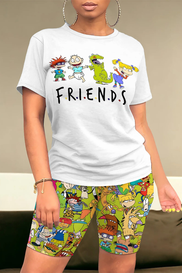Fluorescent Green Casual Daily Cartoon Print O Neck Short Sleeve Two Pieces