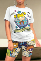 White Blue Casual Daily Cartoon Print O Neck Short Sleeve Two Pieces