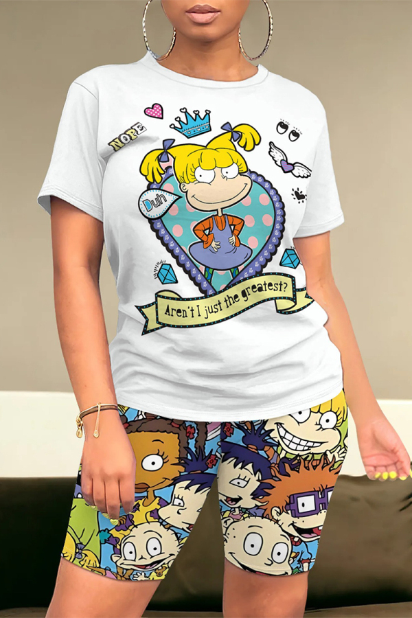White Blue Casual Daily Cartoon Print O Neck Short Sleeve Two Pieces