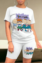 White Casual Daily Cartoon Print O Neck Short Sleeve Two Pieces
