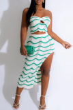 Green Celebrities Stripe Hollow Out Backless High Slit Patchwork Strapless Sleeveless Two Pieces