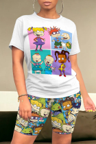 Blue Casual Daily Cartoon Print O Neck Short Sleeve Two Pieces