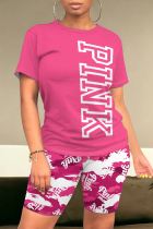 Rose Red Casual Letter Print Contrast O Neck Short Sleeve Two Pieces