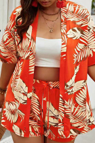 Red Casual Print Strap Design Patchwork Cardigan Collar Short Sleeve Two Pieces