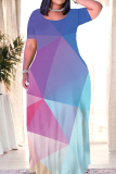 Blue Purple Casual Geometric Print Patchwork O Neck Straight Dresses