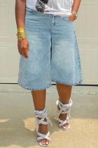 Light Blue Casual Solid Color Pocket High Waist Regular Denim Shorts