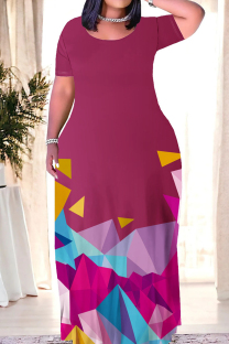 Deep Red Casual Geometric Print Patchwork O Neck Straight Dresses