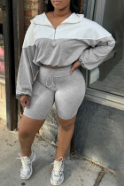 Light Gray Casual Draw String Zipper Patchwork Contrast Zipper Collar Long Sleeve Two Pieces
