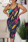 Black Casual Geometric Print Leopard Print The stars Flowers Contrast U Neck Printed Dresses