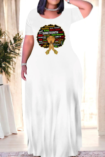 White Casual Letter Print O Neck Printed Dresses