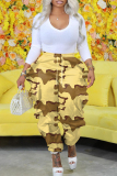 Army Green Street Camouflage Print Pocket Patchwork Ruffled Trim Loose High Waist Pencil Full Print Bottoms
