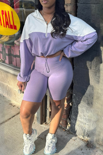 Purple Casual Draw String Zipper Patchwork Contrast Zipper Collar Long Sleeve Two Pieces