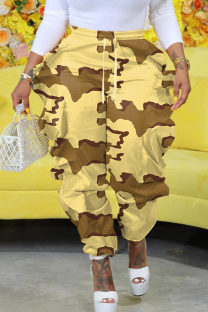 Yellow Street Camouflage Print Pocket Patchwork Ruffled Trim Loose High Waist Pencil Full Print Bottoms