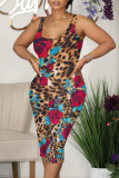 Black Casual Geometric Print Leopard Print The stars Flowers Contrast U Neck Printed Dresses