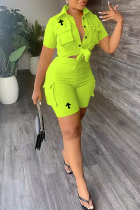Fluorescent Green Casual Street Letter Print Pocket Turndown Collar Short Sleeve Two Pieces