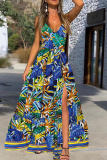 Blue Celebrities Print High Slit Patchwork V Neck Long Dresses