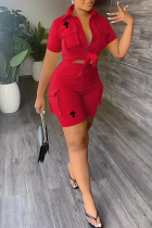 Red Casual Street Letter Print Pocket Turndown Collar Short Sleeve Two Pieces