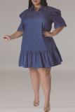 Light Blue Casual Solid Color Ruched Patchwork Turndown Collar Straight Plus Size Dresses
