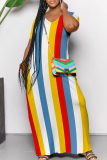 Cyan Casual Striped Print Pocket Patchwork V Neck Straight Dresses