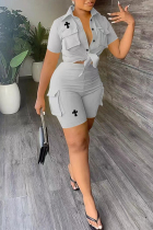 Grey Casual Street Letter Print Pocket Turndown Collar Short Sleeve Two Pieces